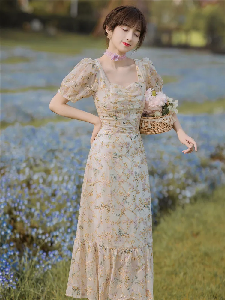 

Summer French Retro Square Collar Floral Dress Ruffle Print Embroidery Slim Temperament Fairy First Love Dress