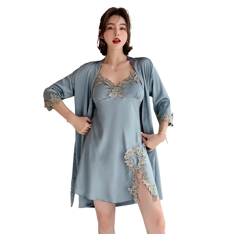 Комплект женский из 2 предметов вискозный пикантный кружевной халат кимоно с