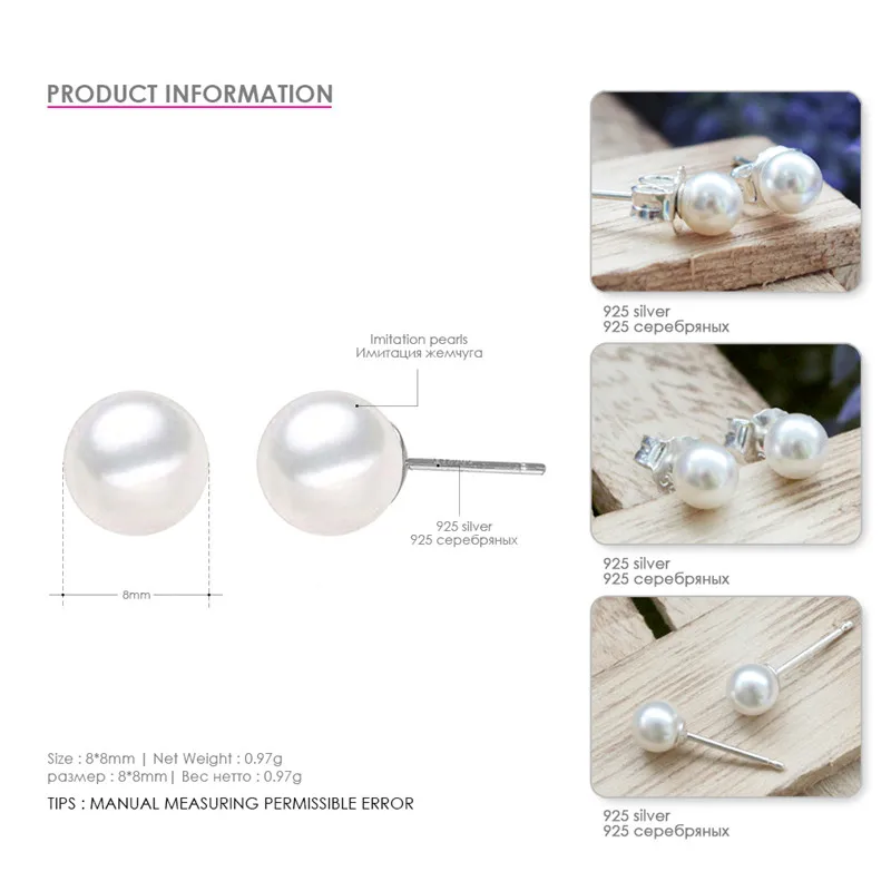 Женские серьги из серебра 925 пробы с пресноводным жемчугом 4 8 мм|Серьги-гвоздики| |