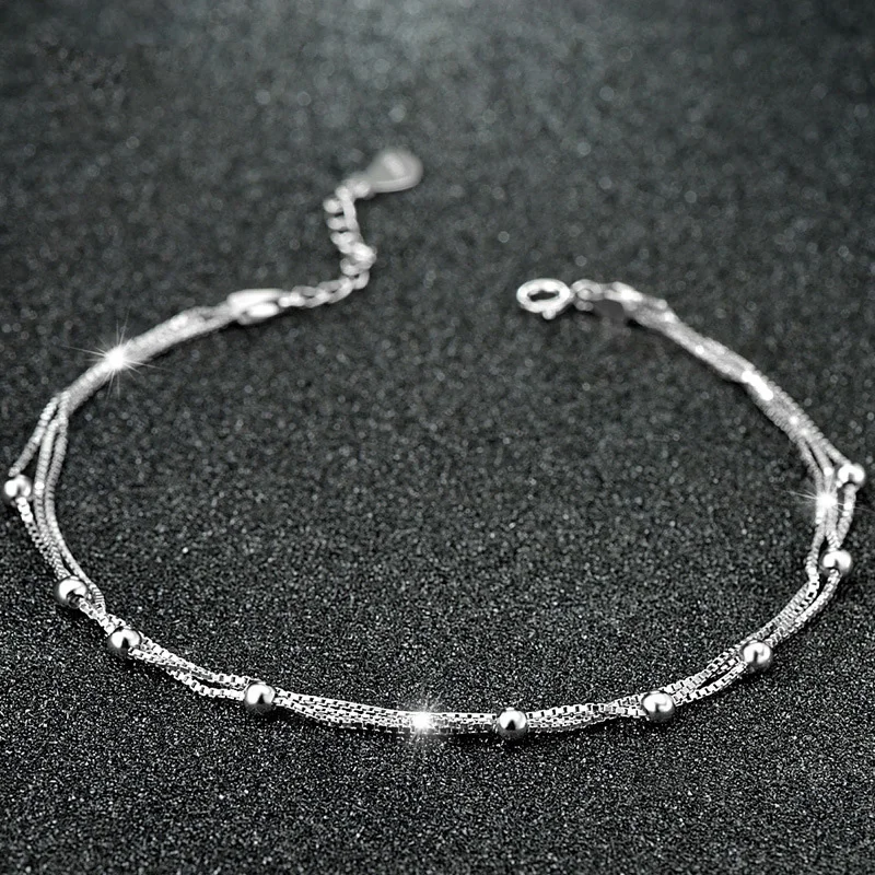 Серебро 925 браслет на ногу двойной Слои пробы Серебряная цепочка регулируемый