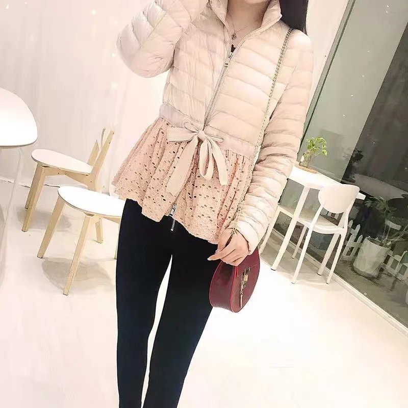 

Высококачественные женские пуховики с кружевом, Короткие пуховики на 20% белом утином пуху с регулируемой талией в стиле пэчворк, Женская По...