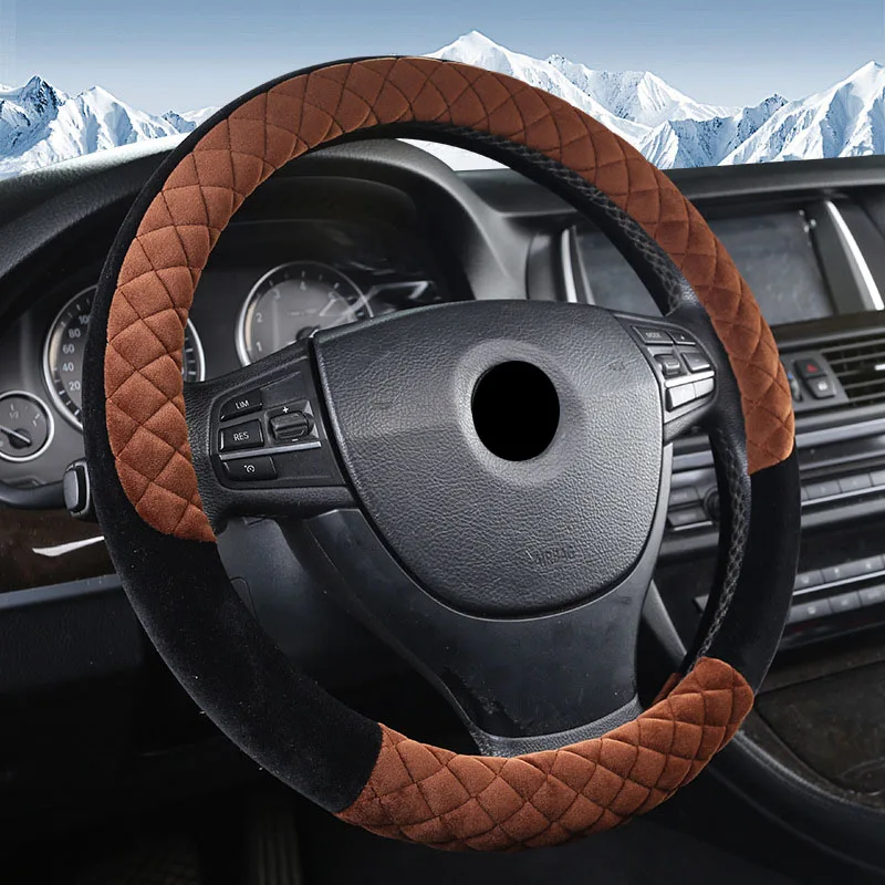 

Winter Plaid Skid Car Steering Wheel Cover Wrap 7 Colors to Choose For 37- 38 CM 14.5"-15" Braid on Steering-Wheel Warm Soft