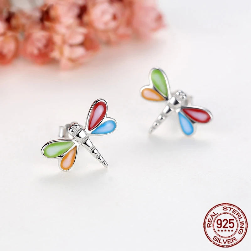 TONGZHE Dragonfly Earrings Women/men 925 Sterling Silver Stud Rainbow Cute Animal Flying Angel Wings Luxury Jewelry on - Ожерелье Dragonfly TONGZHE для женщин/мужчин из серебра 925 пробы с радужными крыльями ангела, красивым животным, летающим. Роскошное 