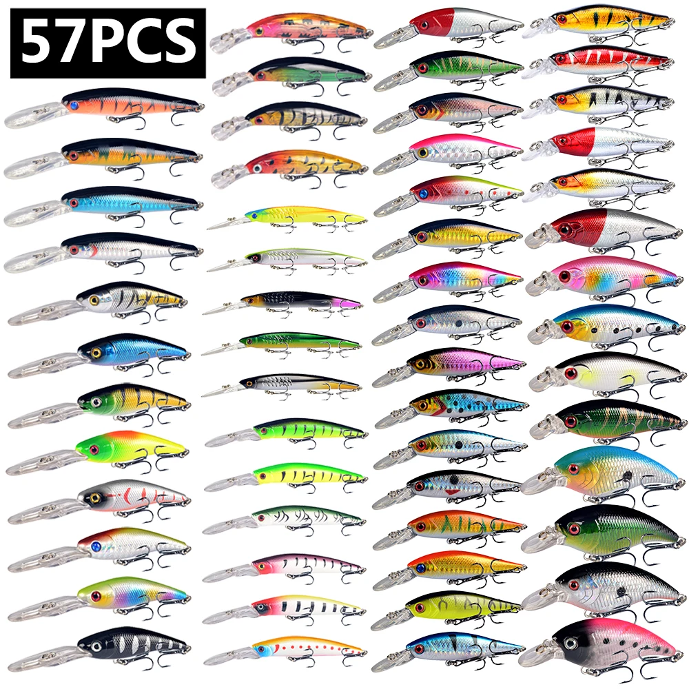 57pcs/lot Fishing lures Set Mixed 10 Different Style Wobbler Fishing Tackle or 63 Colors Minnow/Crank/Squid and Soft Frog Mix