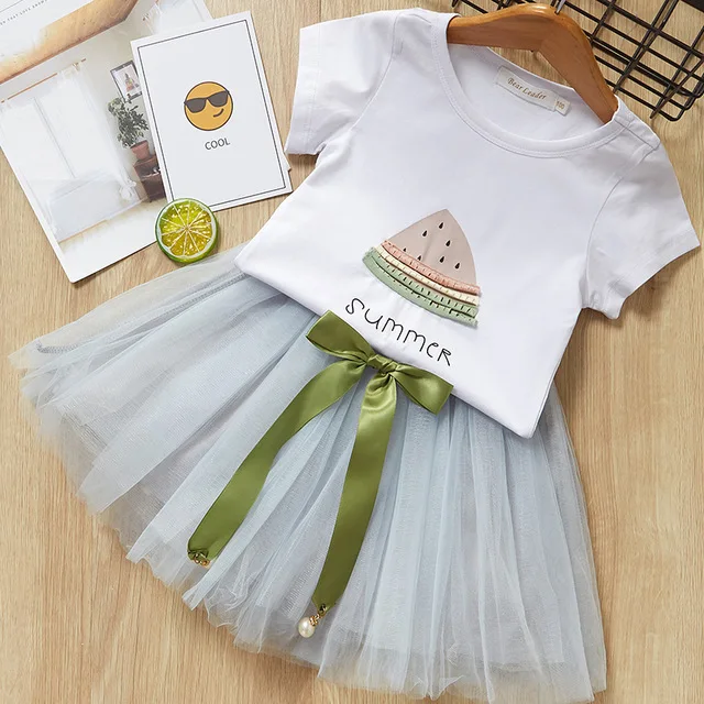 Футболка и юбка для девочки Bear Leader, летний модный комплект из 2 предметов, стильная футболка с рисунком кролика+ розовая юбка - Цвет: gray AZ869