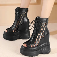 women lace up cow leather high heel gladiator sandals female summer fashion sneakers open toe chunky platform pumps casual shoes