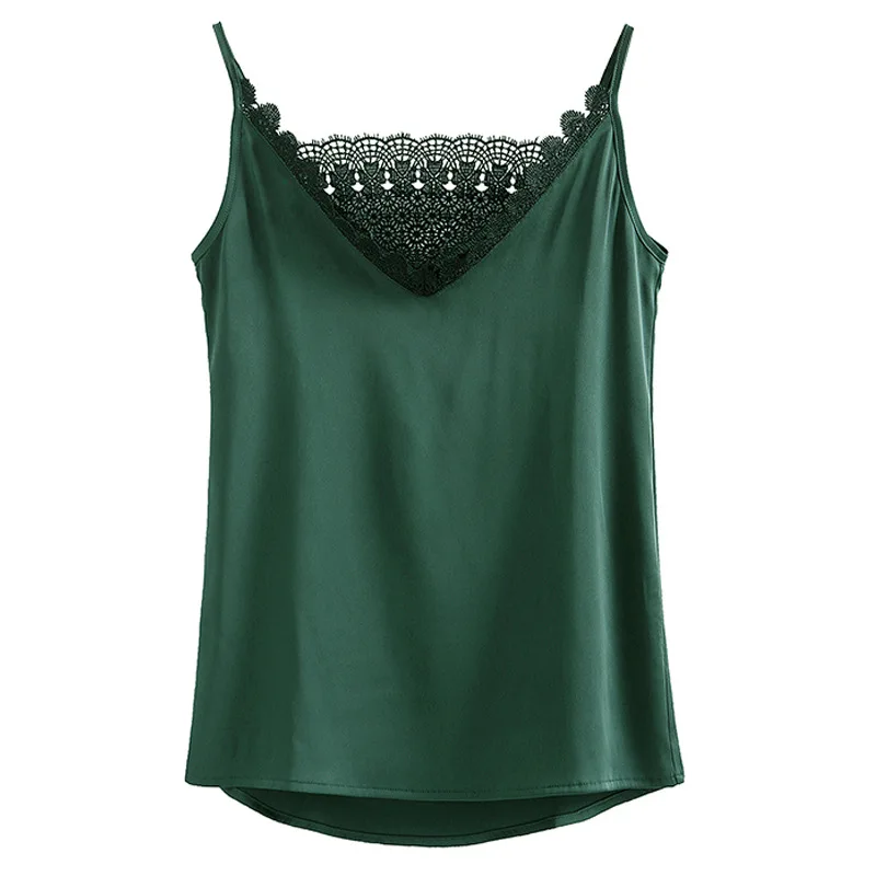 

Sexy Solid Green Tops for Women V Neck Lace Spaghetti Strap Tank Top Shirt Loose Summer Fashion Sleeveless Halter Inner Shirt