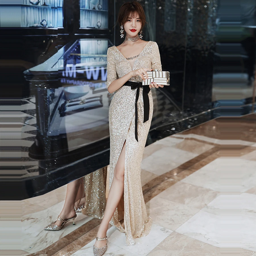 Вечернее платье в пол с v образным вырезом и полурукавами вечернее разрезом