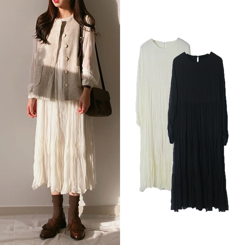 Плиссированное шифоновое платье Dreamy цельнокроеное длинное весеннее однотонное