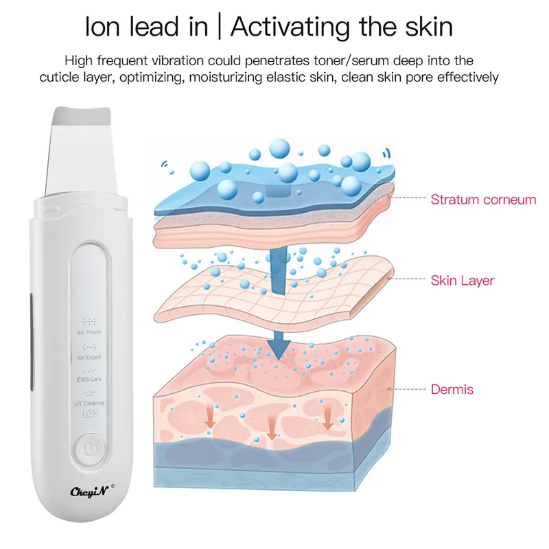 Ультразвуковой ионный скребок для кожи вибрирующий массажер лица очиститель пор