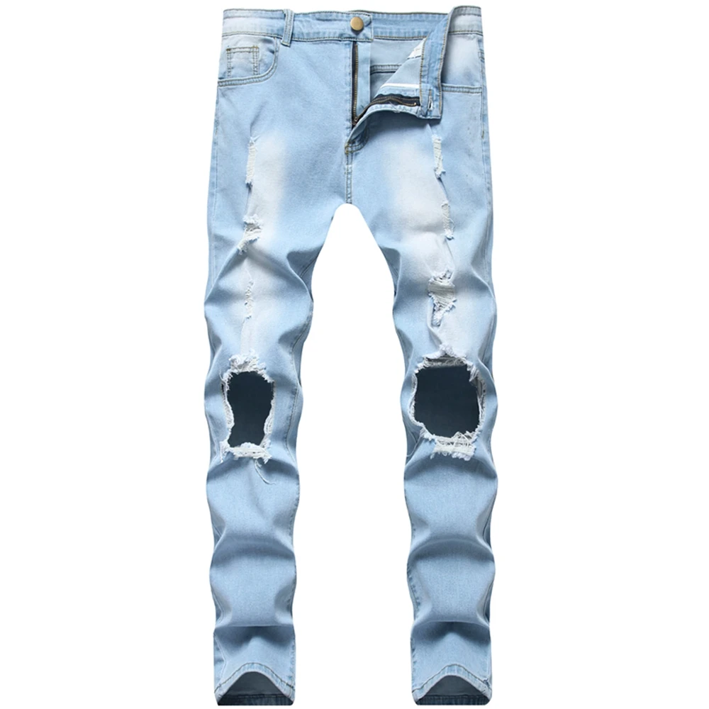 2021 Spring and Autumn New High Quality European Size Men's Solid Color Holes Straight Slim Hip-hop Denim Men's Jeans