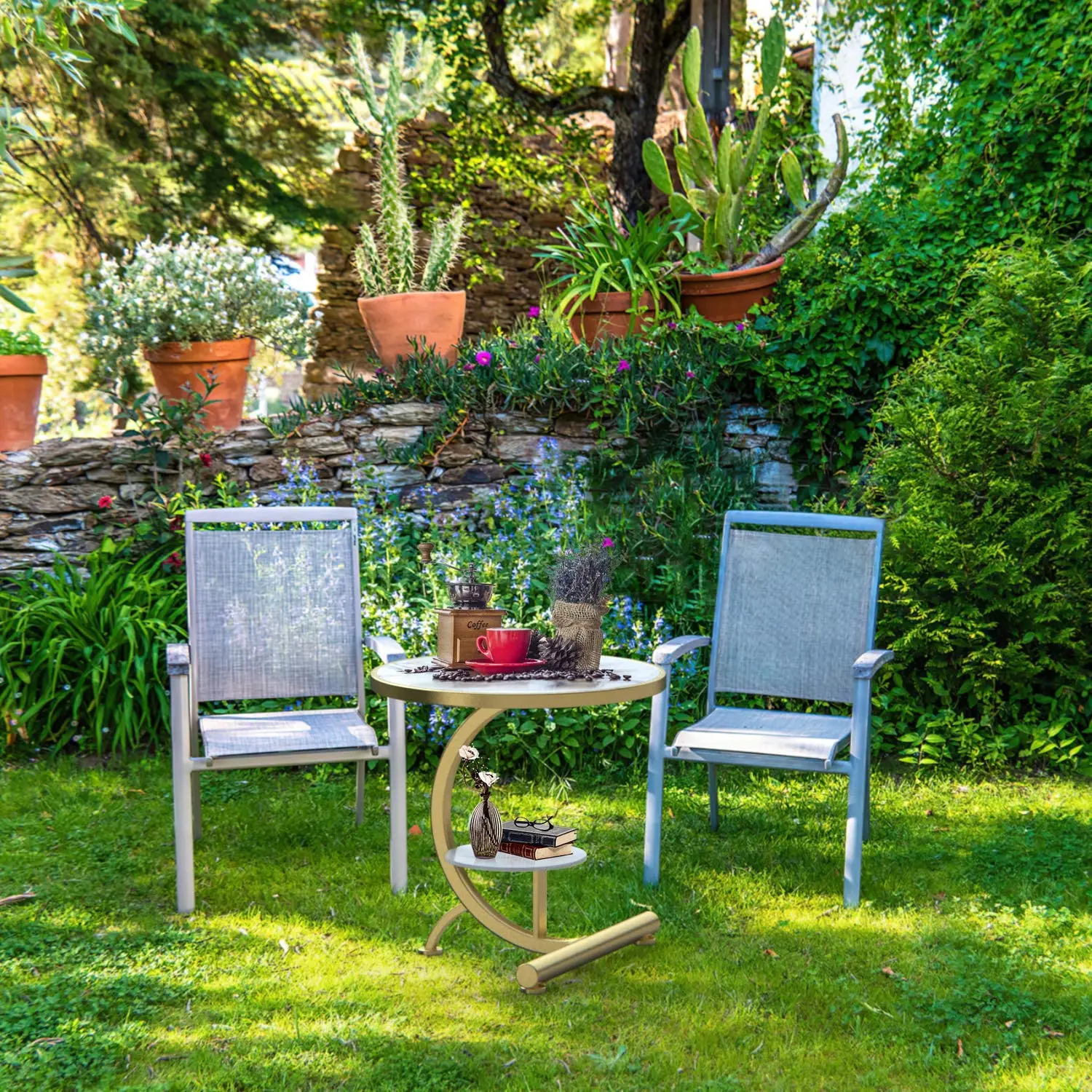 

Round Side Table Modern Metal Marble Texture 2 Tier C Shaped End Table Coffee Table for Small Spaces Outdoor&Indoor Living Room