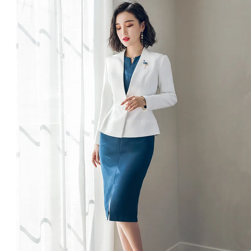 

Women's suits set Women's slim suits set 2-piece white suit jacket with blue dress women's casual professional wear