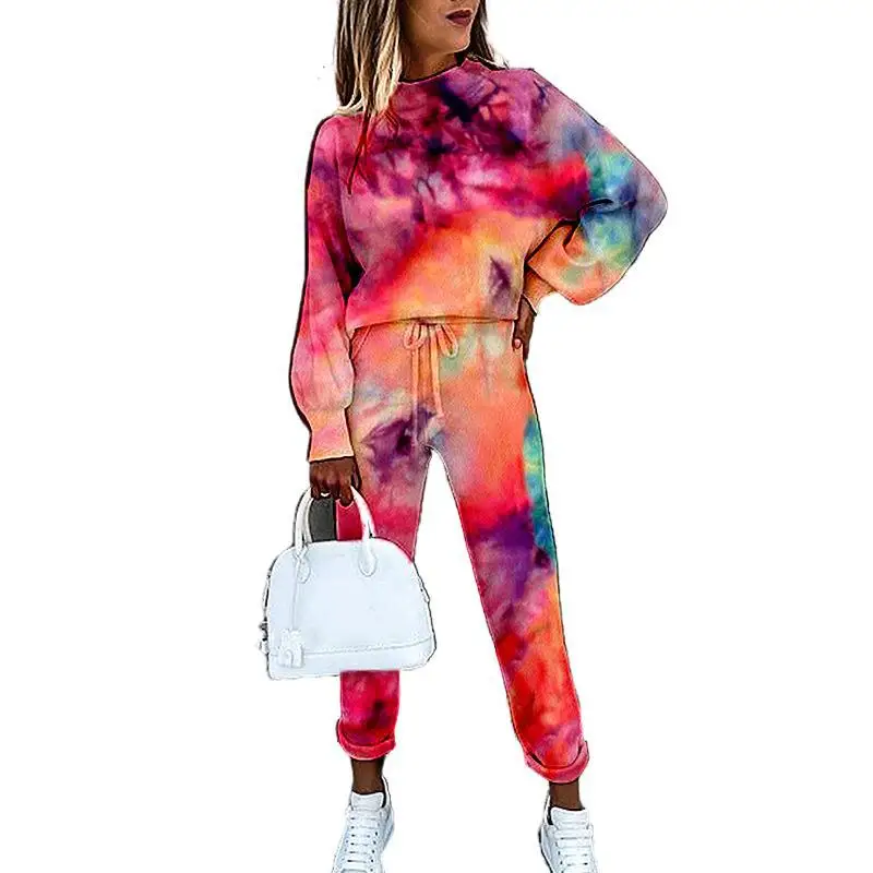 

2021 spring new women's tie dye printing high collar long sleeve fashion casual suit women's wear Street Style
