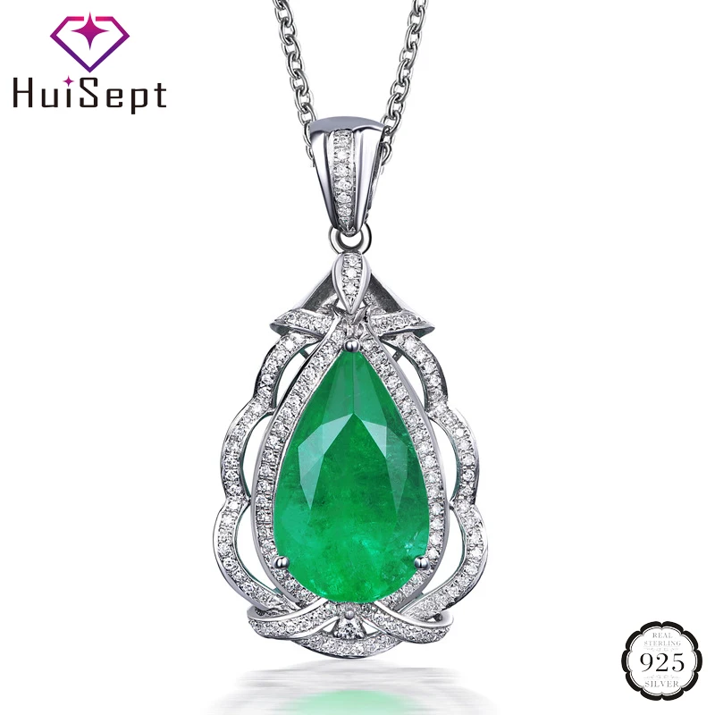 

HuiSept Fashion 925 Silver Jewelry Necklace Water Drop Shape Emerald Zircon Gemstones Pendant for Women Wedding Party Wholesale