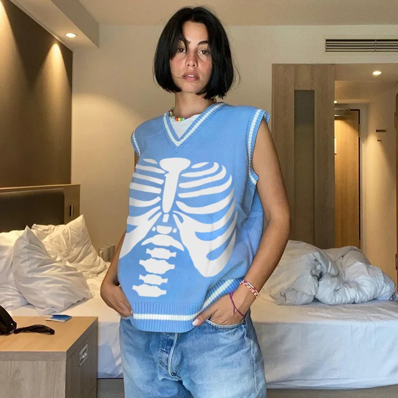 

2021 Autumn V-neck Sweater vest Sternum Skull Printed Knitted Vest skeleton Loose Casual Sleeveless Top Preppy Style tops women