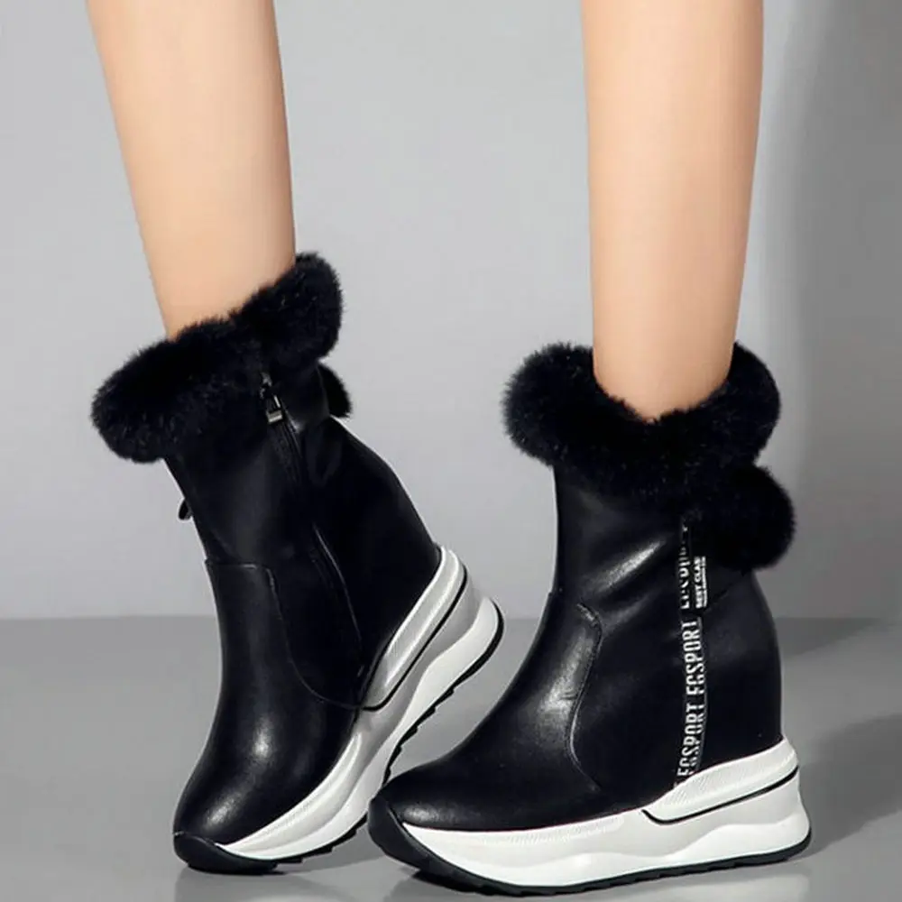 

Winter Fashion Sneakers Women Genuine Leather Wedges High Heel Motorcycle Boots Female Warm Rabbit Fur Platform Oxfords Shoes