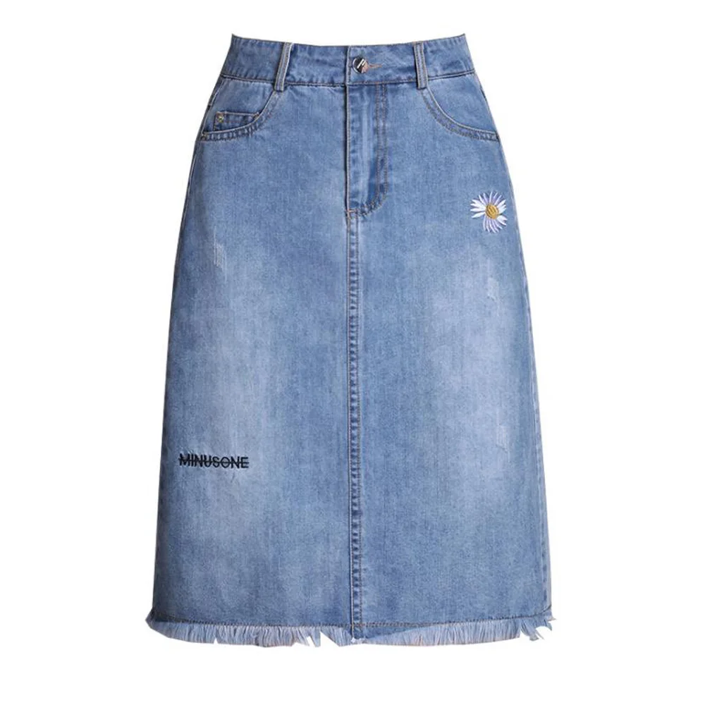 

Модная Джинсовая юбка, Женская Джинсовая Юбка-миди с высокой талией и вышивкой, трапециевидная юбка, лето 2022, женские офисные джинсовые длин...