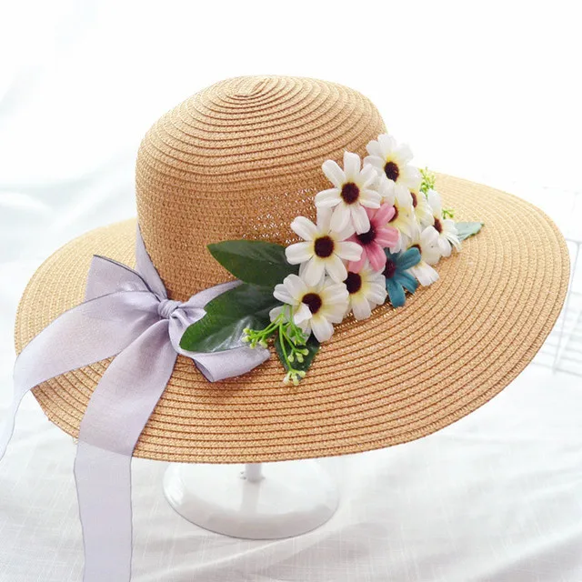

New adult flower solid color big brim hat foldable ladies bow straw hat summer travel sunscreen beach cap 2MZ104