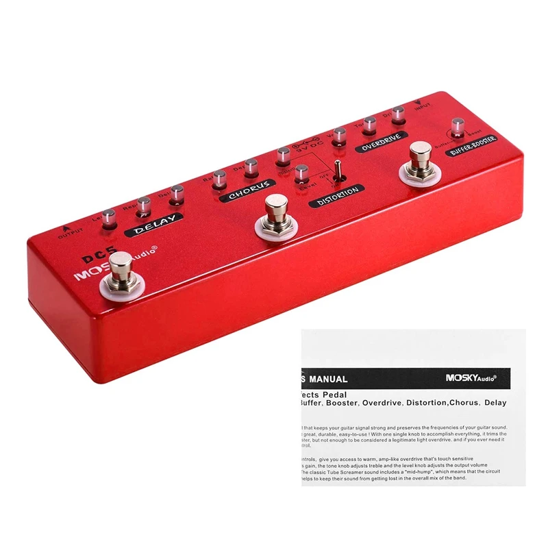 

MOSKY DC5 6In1 Guitar Multi Effects Pedal Delay Chorus Distortion Overdrive Booster Buffer Full Metal Shell with True Bypass