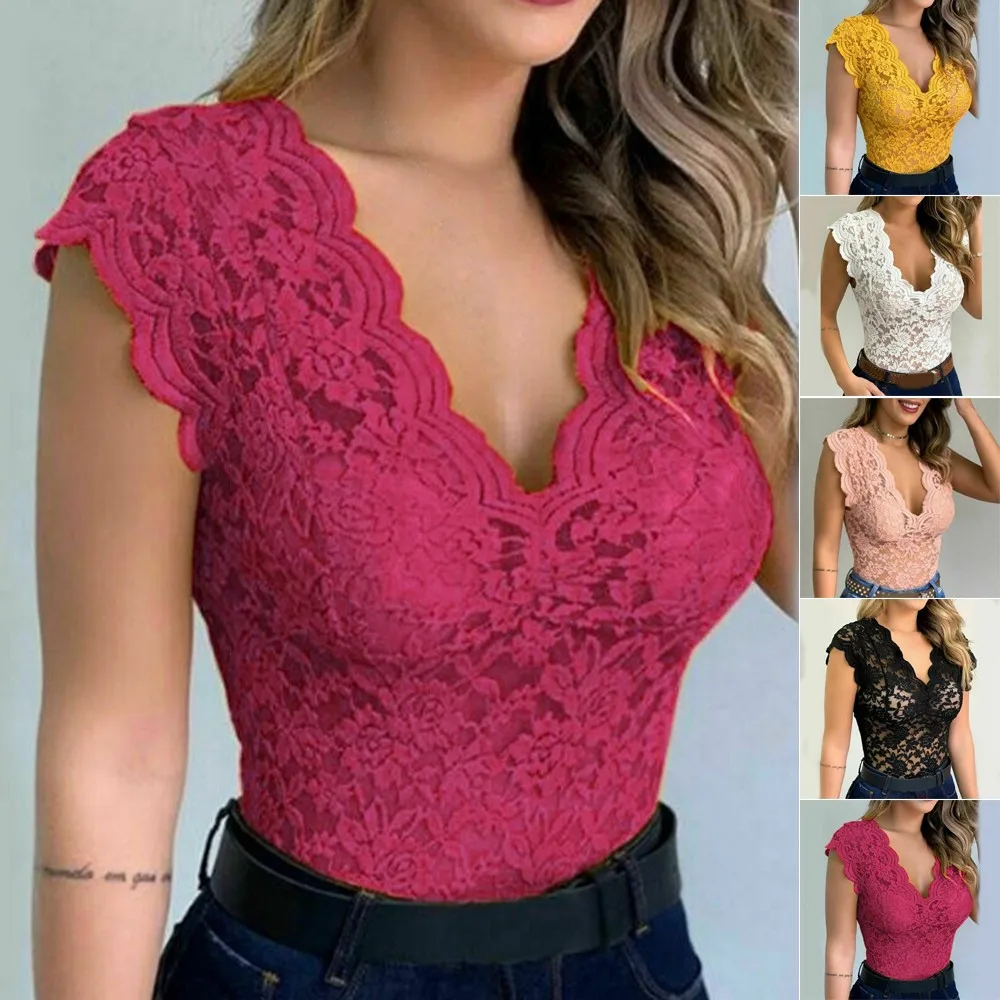 

Women Sexy Sleeveless Lace Hollow T-shirt Blouse Vest Ladies V Neck Slim Tee Top Vintage Clothes Ribbed Solid Slim Knit Top Crop