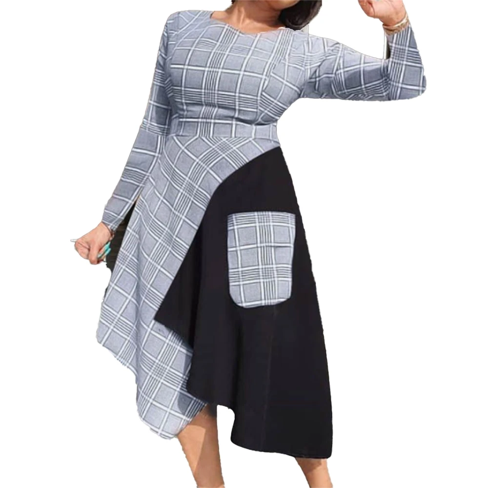 

Autumn New 2021 Europe America Plus Size Women's Clothing Lattice Pocket Splicing Round Neck High Waist Long Sleeve Dress