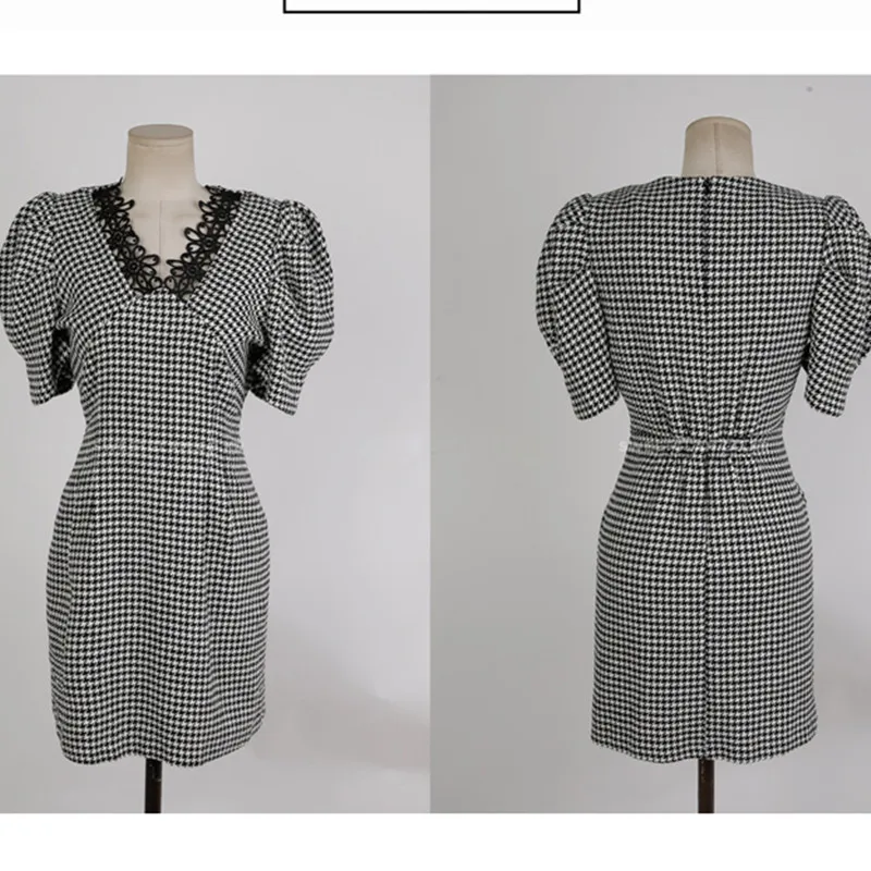 

High Quality Hepburn Fashion Women V-Neck Slim Thousand Bird Lattice Dress Chic High Waist Splicing Lace Short Sleeve Mini Dress
