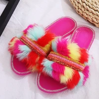 2021 women faux fur slippers summer crystal rhinestone flat fluffy house womens slides fashion casual open toe ladies shoes
