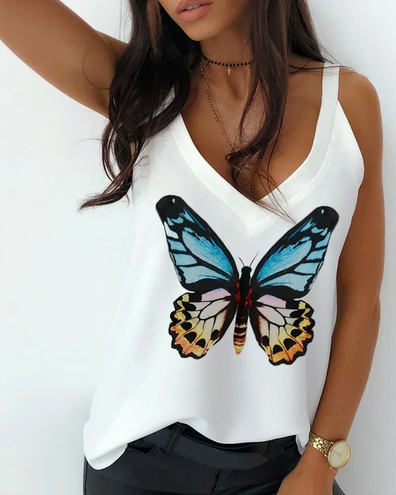 

Summer new butterfly print V-neck top loose vest T-shirt