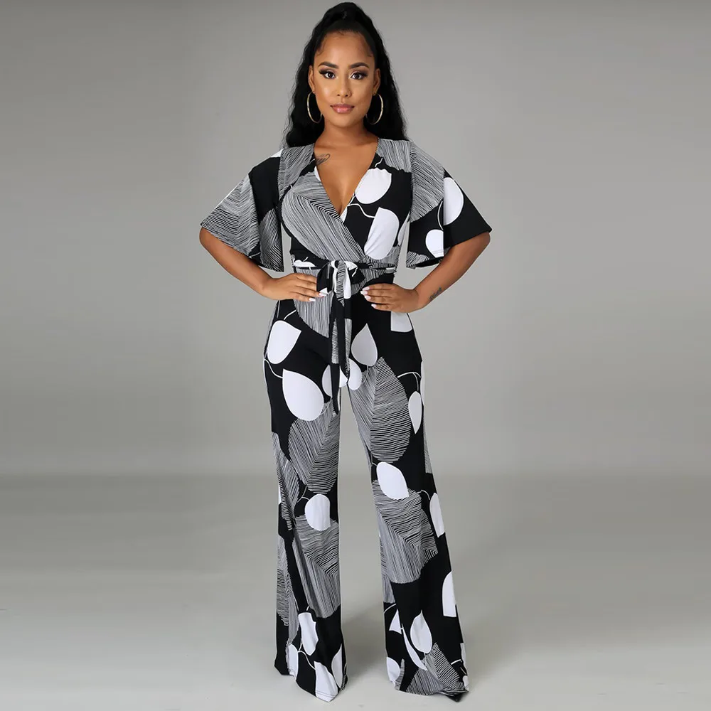 

Женский слитный комбинезон с принтом листьев, элегантный пляжный комбинезон черного и белого цвета с глубоким V-образным вырезом и рукавом ...