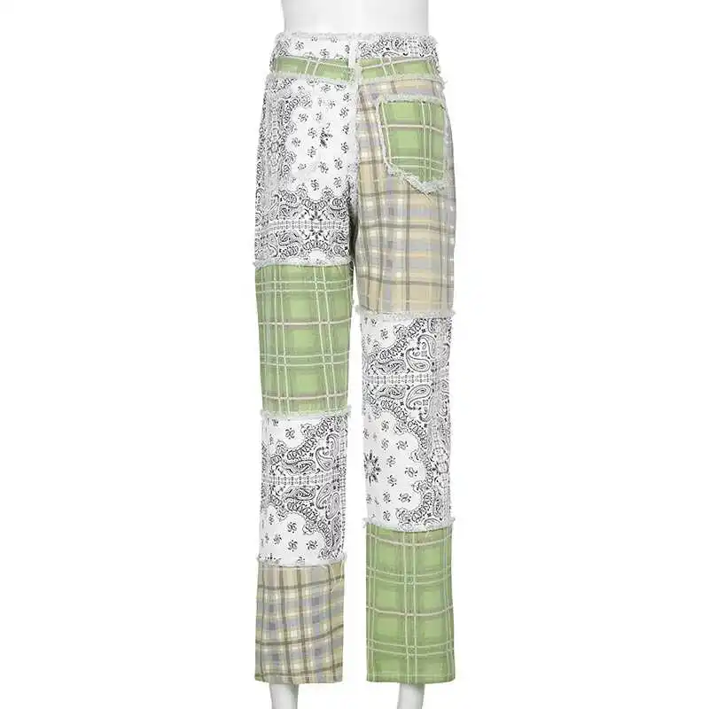 

Women's Fashion High Waist Straight Leg Jeans Plaid Patchwork Trousers Ladies Vintage Denim Pants for Girls Summer Clothing