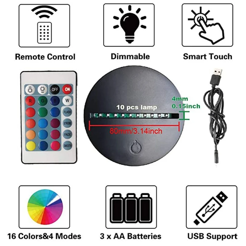 

4Pcs Night LED Light Lamp Base Remote Control USB Cable Adjustable 7 Colors Decorative Lights for Room Restaurant Officce