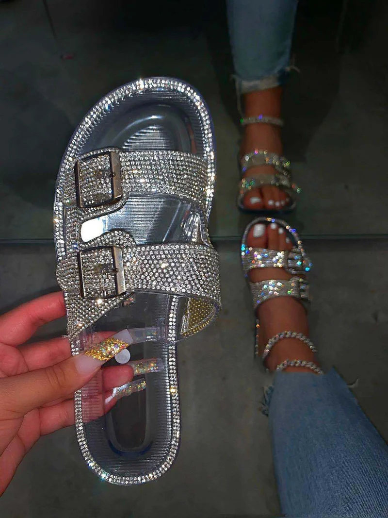 

Summer Luxury Women Slippers Rhinestone Flat Double Buckle Decoration Open Toe Lightcolor Fashion Sexy Ladies Shoes Female 2021