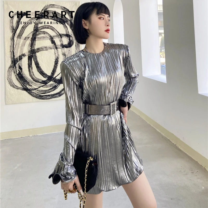 CHEERART серебристое блестящее платье с длинным рукавом для женщин вечерние