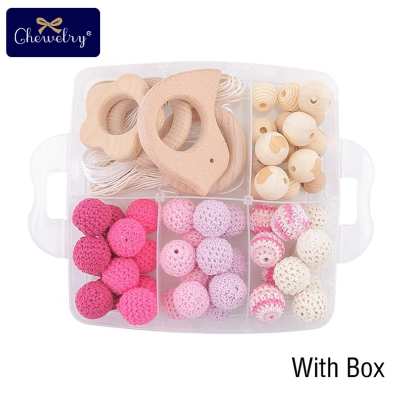 Pink Crochet Set-2 1 набор, детский деревянный прорезыватель, бук, соска, цепь, подвеска, вязание крючком, бисер, сделай сам, браслеты для кормления, деревянное кольцо, BPA бесплатно, детские игрушки для прорезывания зубов - Цвет: Pink Crochet Set-2
