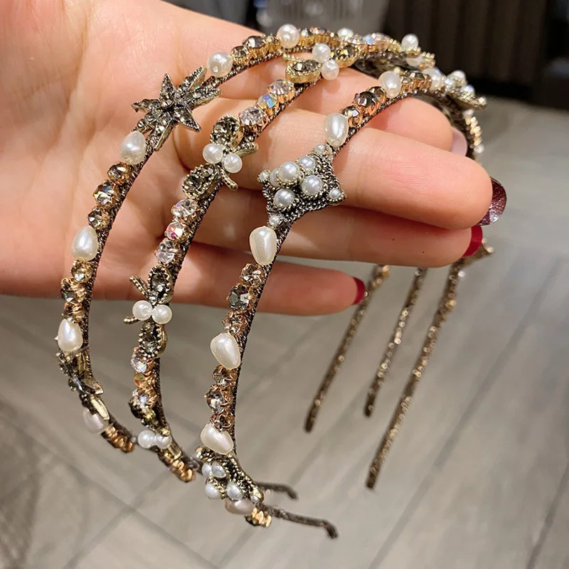 

Luxury Crystal Beaded Hair Bands Fashion Colorful Headwear Girls Women Handmade Hair Accessories Headwear Pearl Flower Headbands