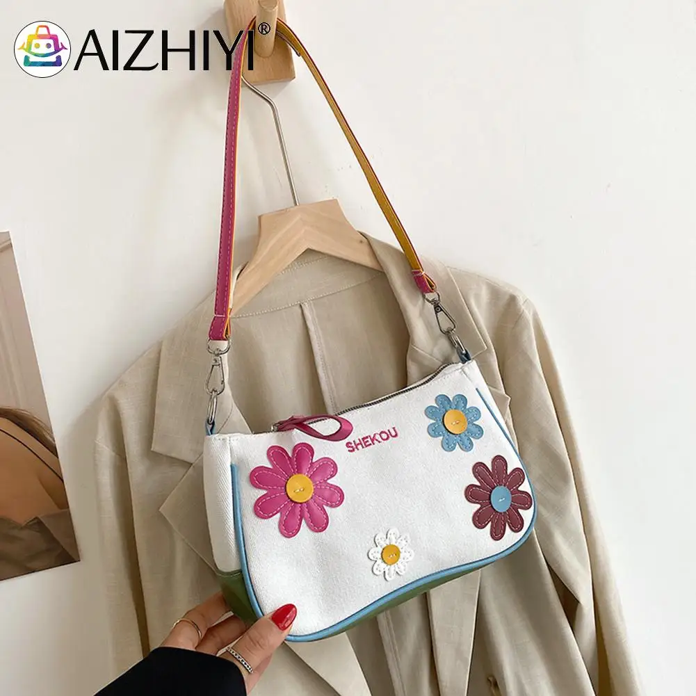 

Fashion Women Flower Patchwork Contrast Color Canvas Shoulder Underarm Bag Casual Ladies Small Handbags Purse