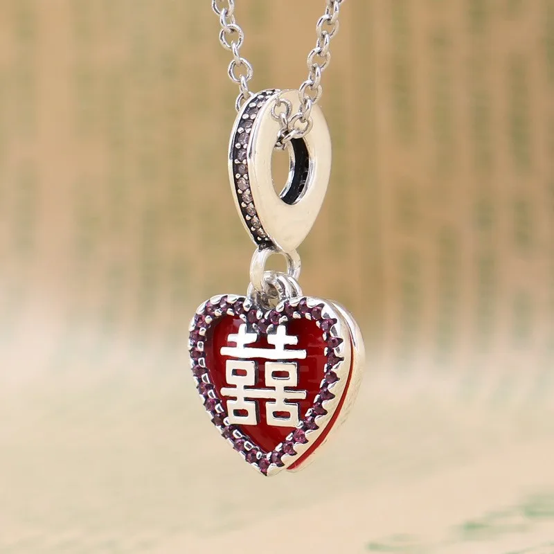 

100% 925 Sterling Silver Charm Chinese Style Double Happiness Pendant Fit Pandora Women Bracelet & Necklace Diy Jewelry