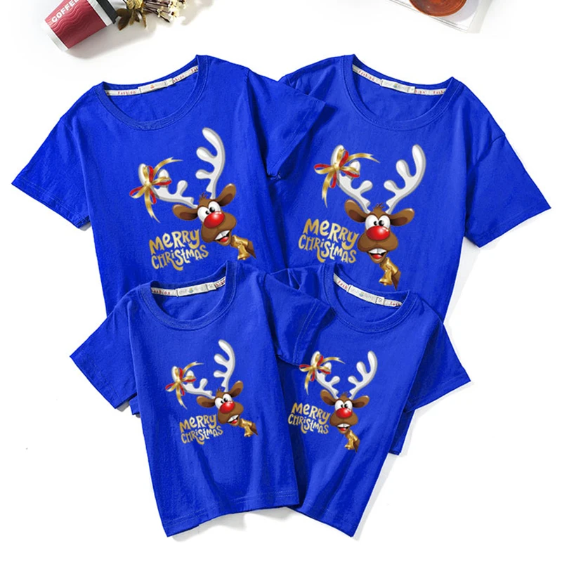 Рождественская семейная футболка с мультяшным принтом хлопковая одежда