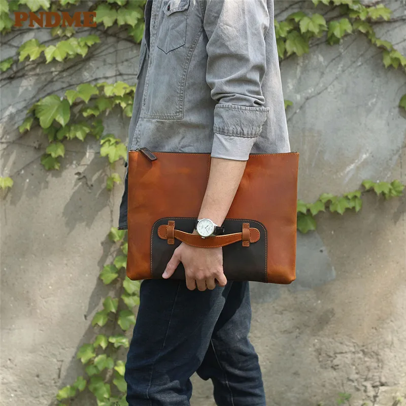 Retro genuine leather men's large-capacity A4 file clutch bag simple natural real cowhide work tablet computer storage bag