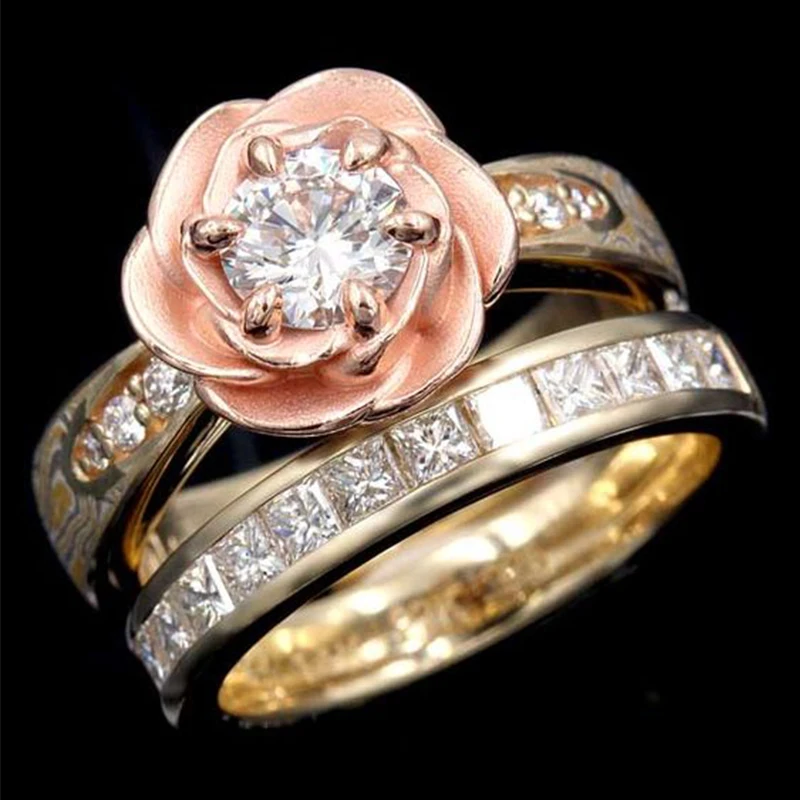 

Trendy Rose Flowers Rings Set Delicate Cubic Zirconia Statement Wedding Flower for Women Engagement Party Jewelry Gift