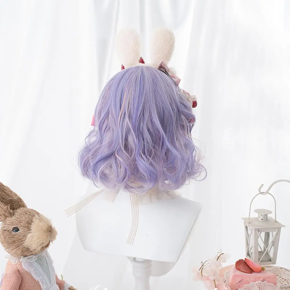 

CosplayMix 30CM Lolita Japan Cute Short Curly Bob Mix Purple Ombre Hair Bangs Halloween Party Synthetic Cosplay Wig+Cap