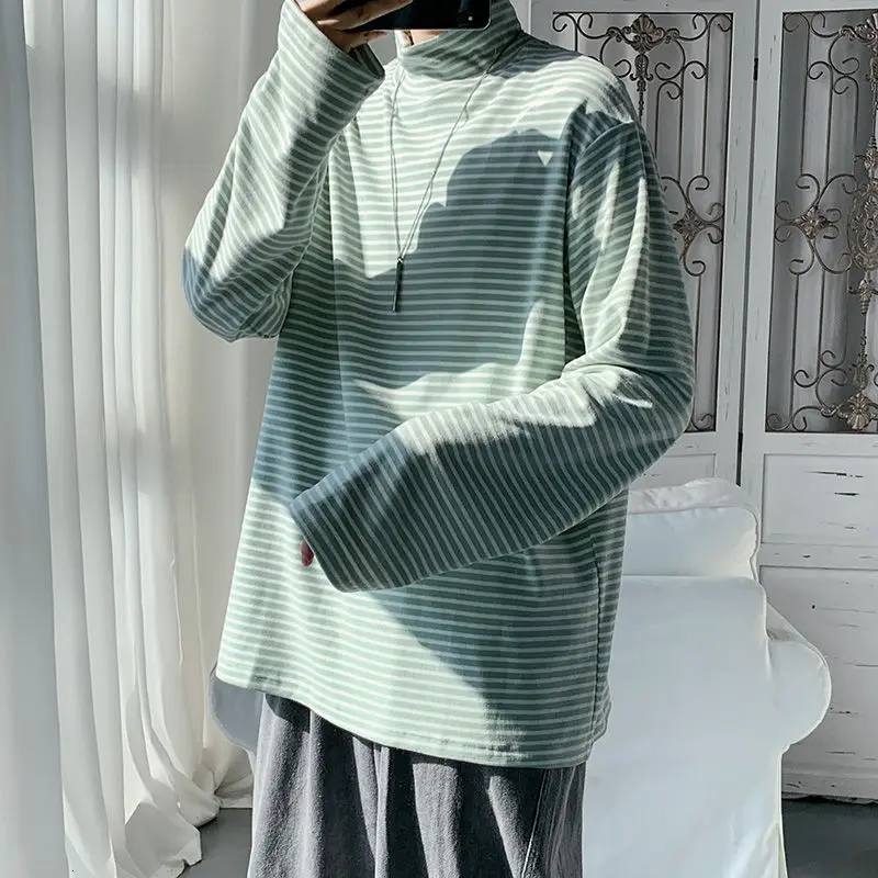 

2021 Spring And Autumn Youth Popular Men's Loose Color Matching Striped High-neck Long-sleeved T-shirt Fashion Casual Pullover