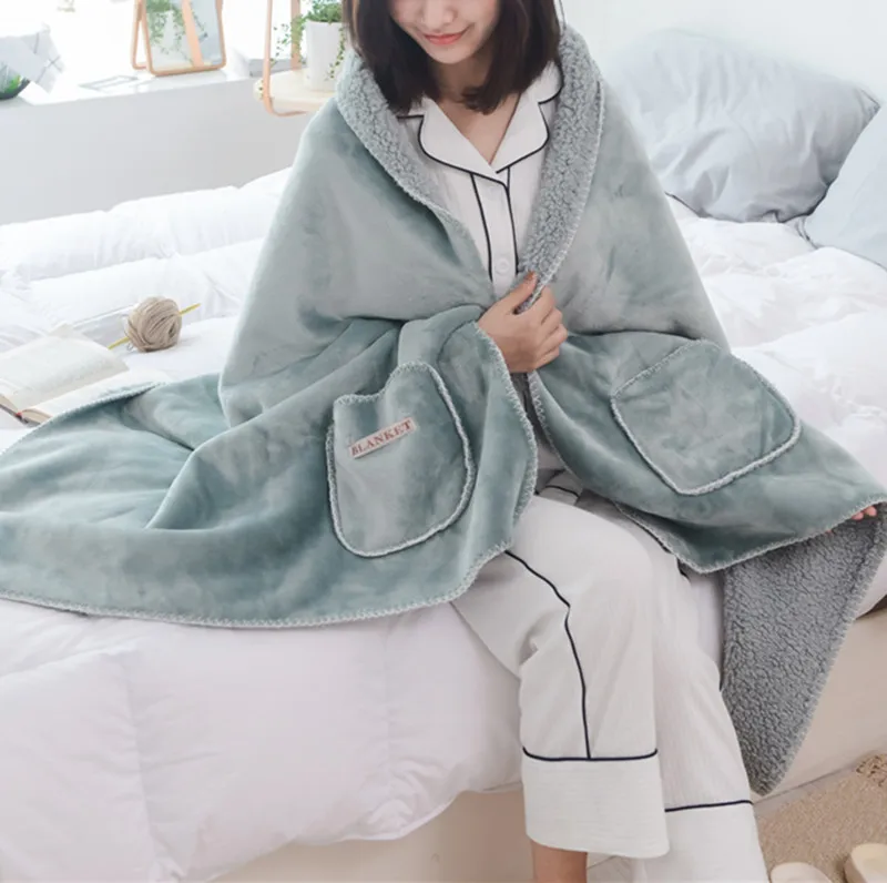 

New creative lazy blanket Shawl blanket Home shawl Nap blanket Pure color lamb wool double-layer cloak