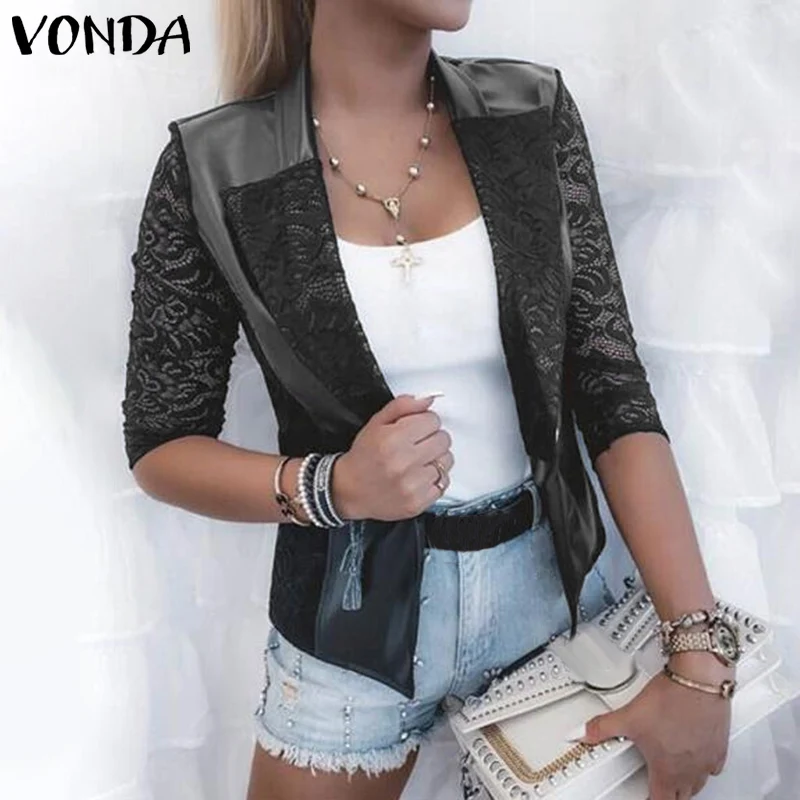 

Кружевные лоскутные куртки 2021 VONDA, осенняя верхняя одежда, Повседневные Вечерние чные куртки с длинным рукавом и отложным воротником, женск...