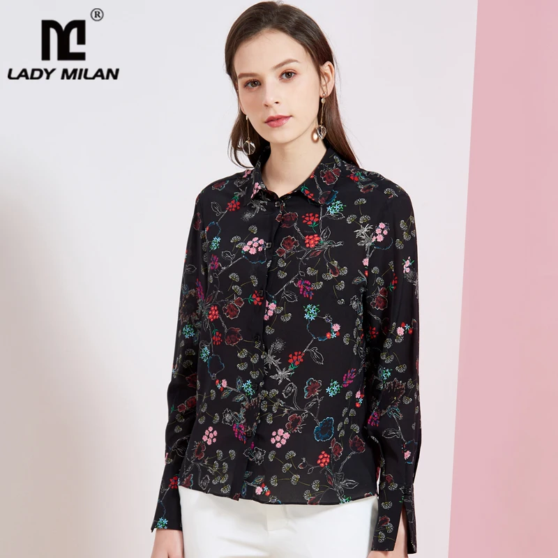 Женская блузка с отложным воротником длинным рукавом и цветочным принтом|Блузки|