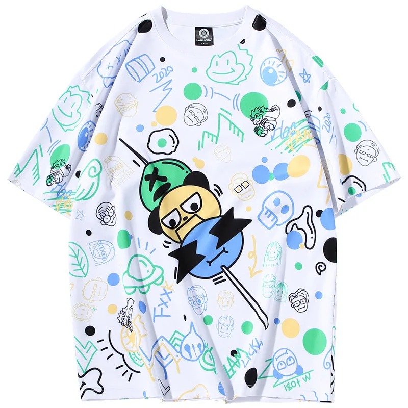 

Tide Brand Full Cartoon Avatar Print Round Neck Short Sleeve Men and Women Summer Casual Half Sleeve Loose Large Size T-shirt