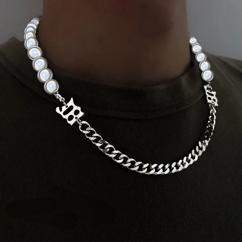 

Reflective Pearl Chain Necklace for Women Men Choker Goth M Letter Charms Stainless Steel Cubana Chains Hip Hop Jewelry