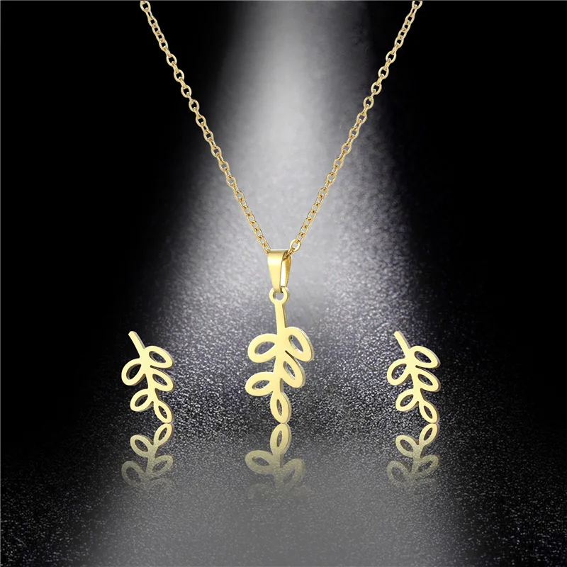 

Women's Leaf Pendant Necklace Earrings Set Dubai Gold Color Stainless Steel African Indian Wedding Jewelry Sets for Women Girls
