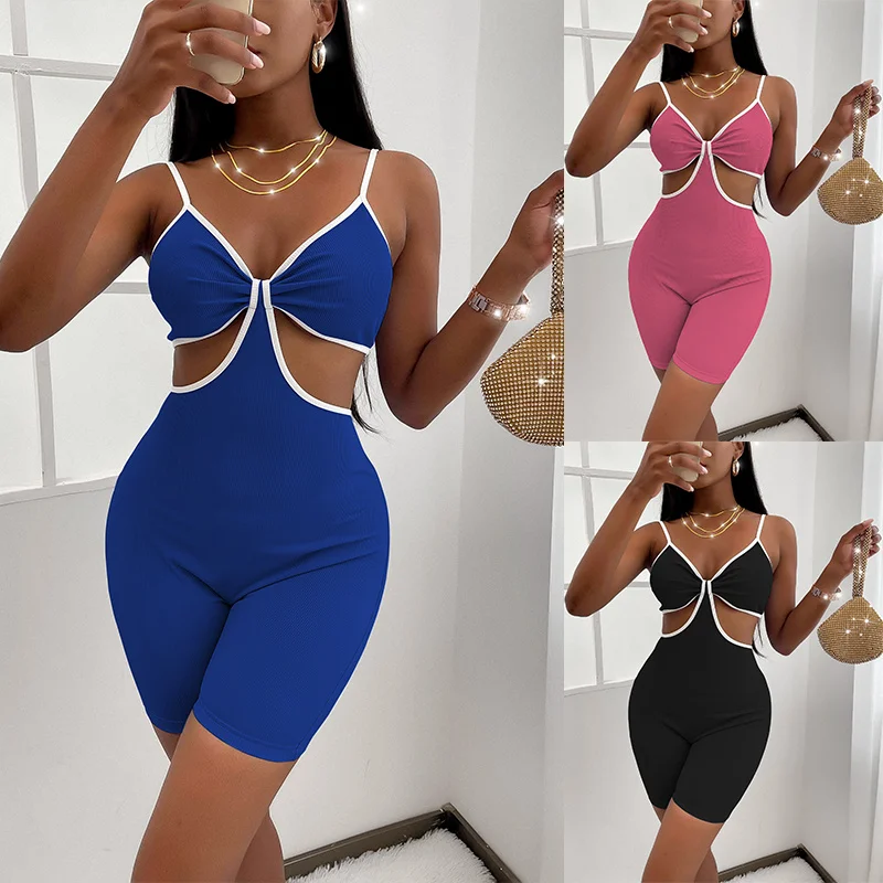 

CHRONSTYLE Summer Women Solid Color Bandage Bodycon Playsuit Sleeveless Off Shoulder Casual Short Romper Night Club Outfits 2021